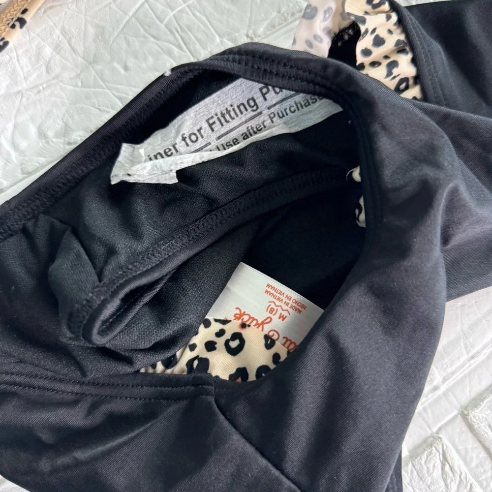Leopard Print Puff Sleeve Swimsuit Crop Top and Black Bikini Bottom M (8)